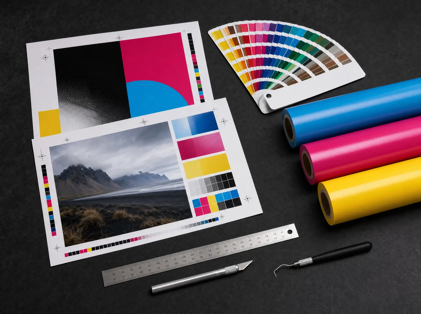 Pliegos de prueba impresos con marcas de registro y barras de color, un abanico de muestras de color y rollos de vinil cian, magenta y amarillo sobre una mesa oscura.